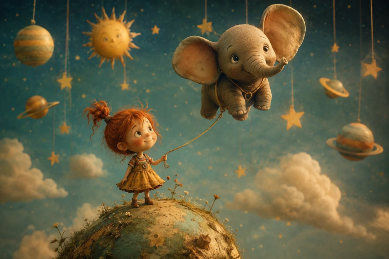girl, elephant, planet, universe, flying, red-haired, child's fantasy, magical, sky, cheerful, balloons, star, clouds, fantastic, playful, fairy tale, sun, alien, holding hands